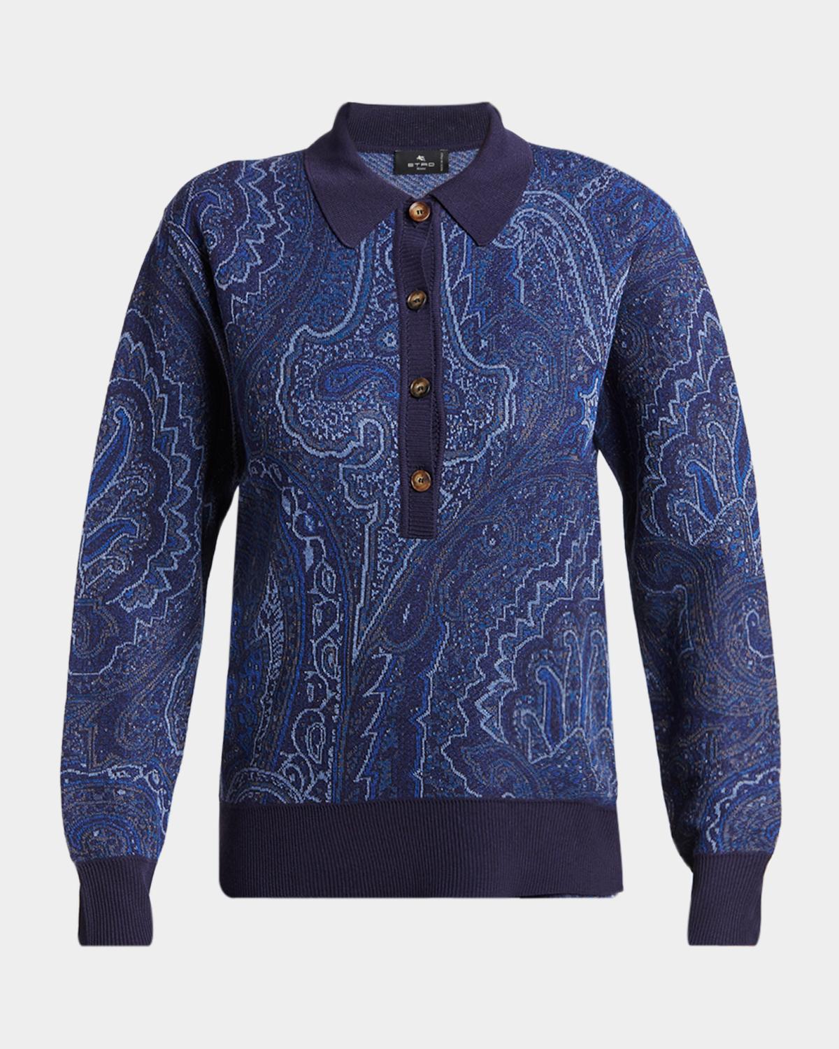 Paisley Wool-Cashmere Polo Sweater