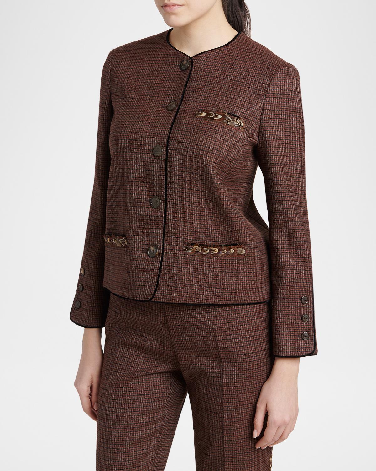 Feather-Trim Houndstooth Wool Single-Breasted Jacket - thumbnail 4