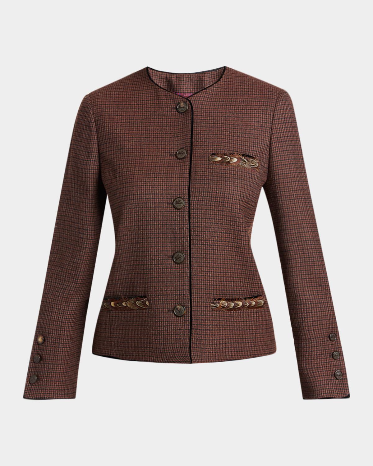 Feather-Trim Houndstooth Wool Single-Breasted Jacket