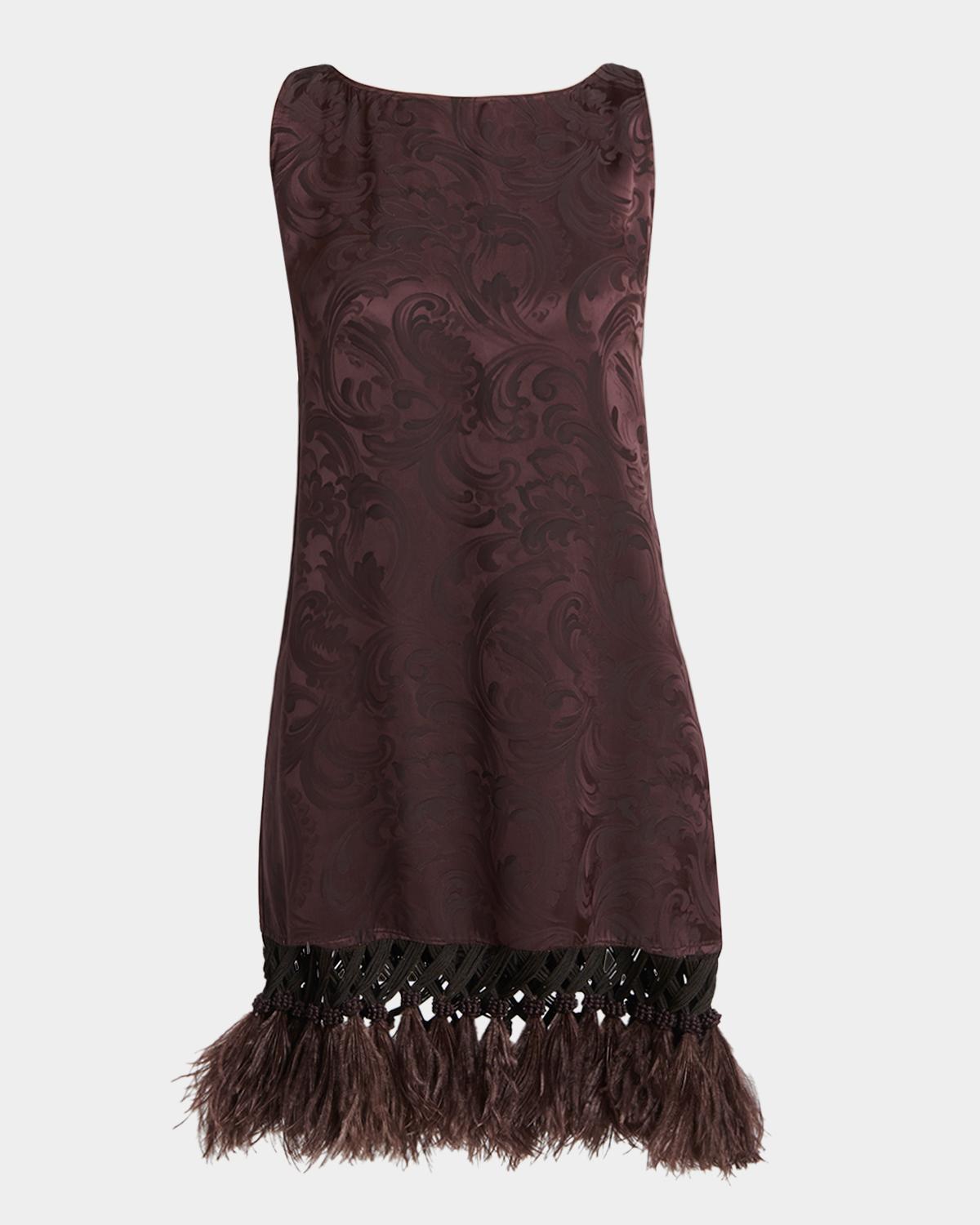 Sleeveless Satin Jacquard Feather Tassel Mini Dress