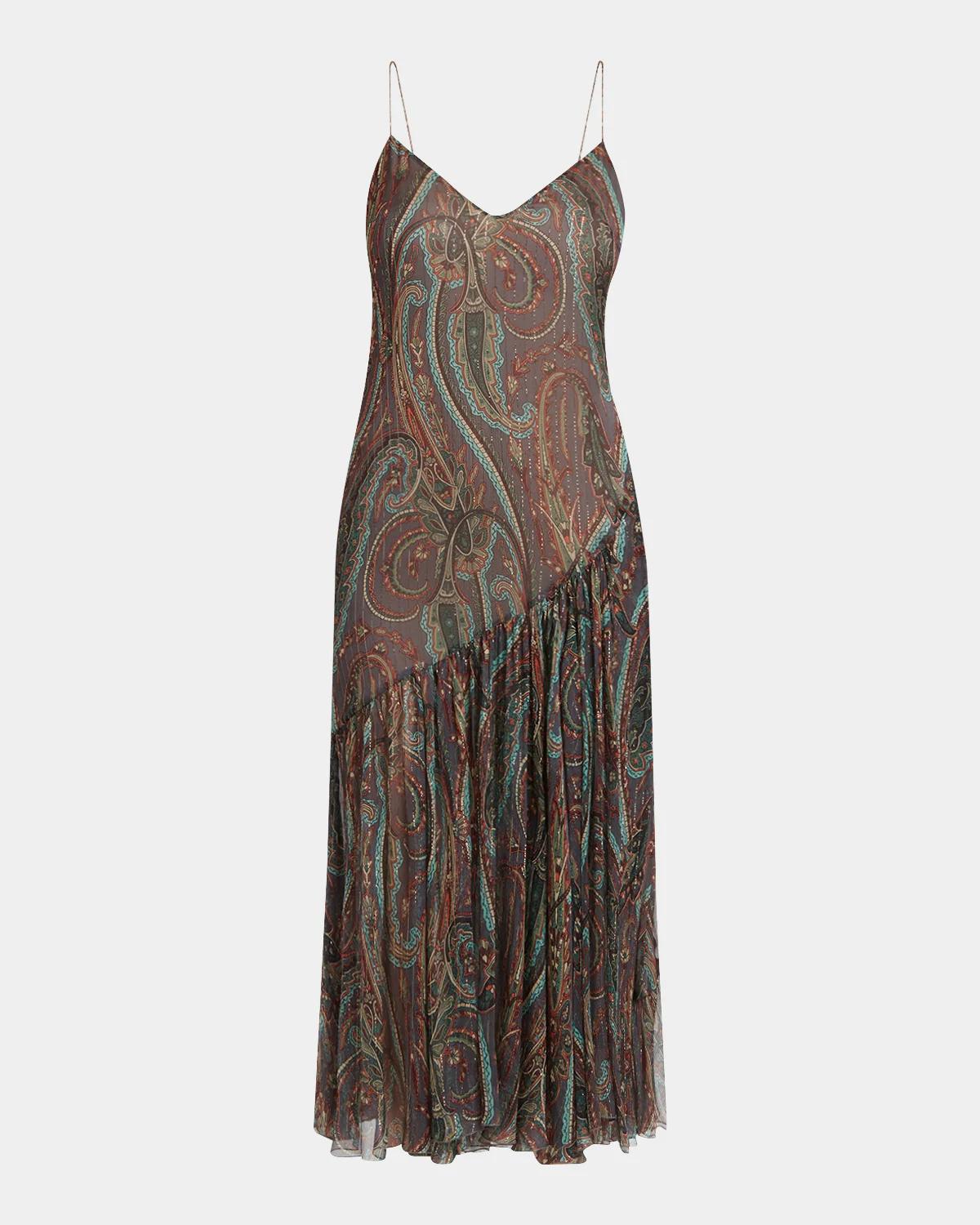Metallic Paisley Silk Ruffle Midi Slip Dress