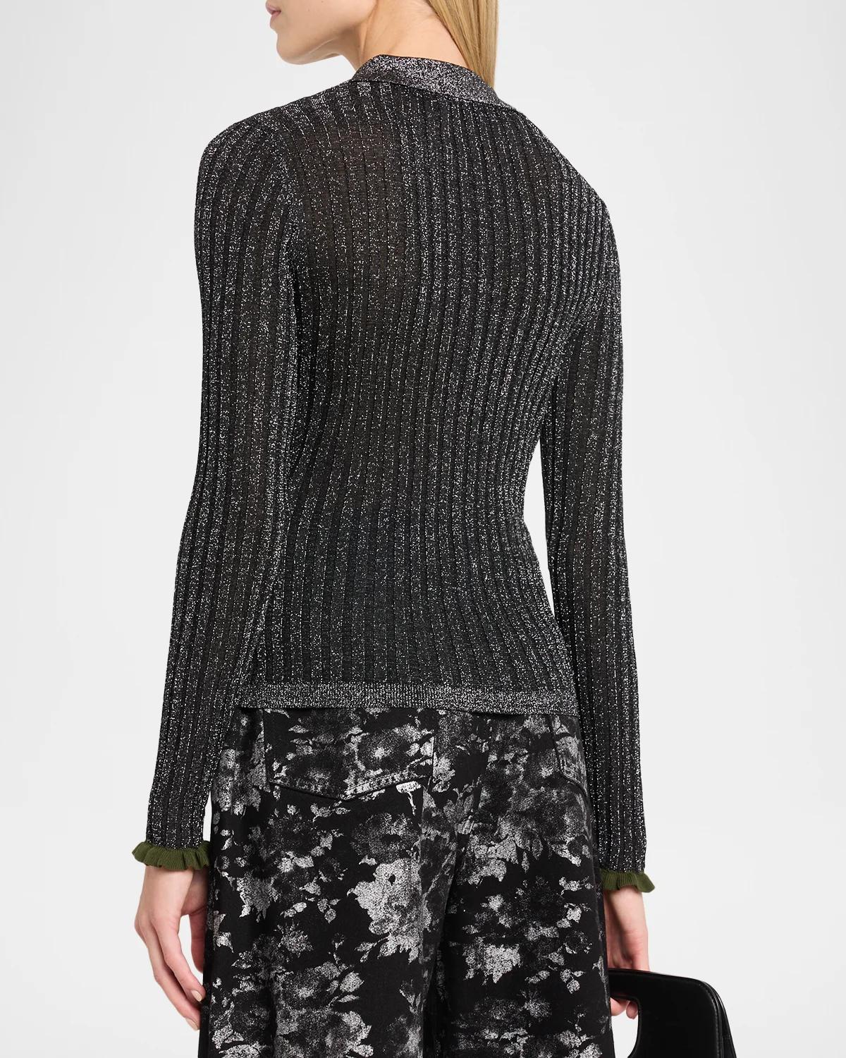 Karan Metallic Rib-Knit Polo Top - thumbnail 3