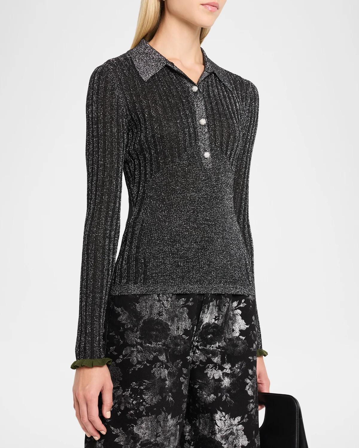 Karan Metallic Rib-Knit Polo Top - thumbnail 4