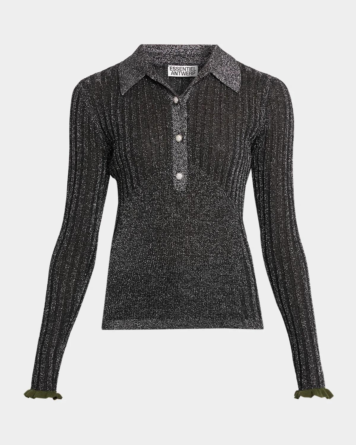Karan Metallic Rib-Knit Polo Top