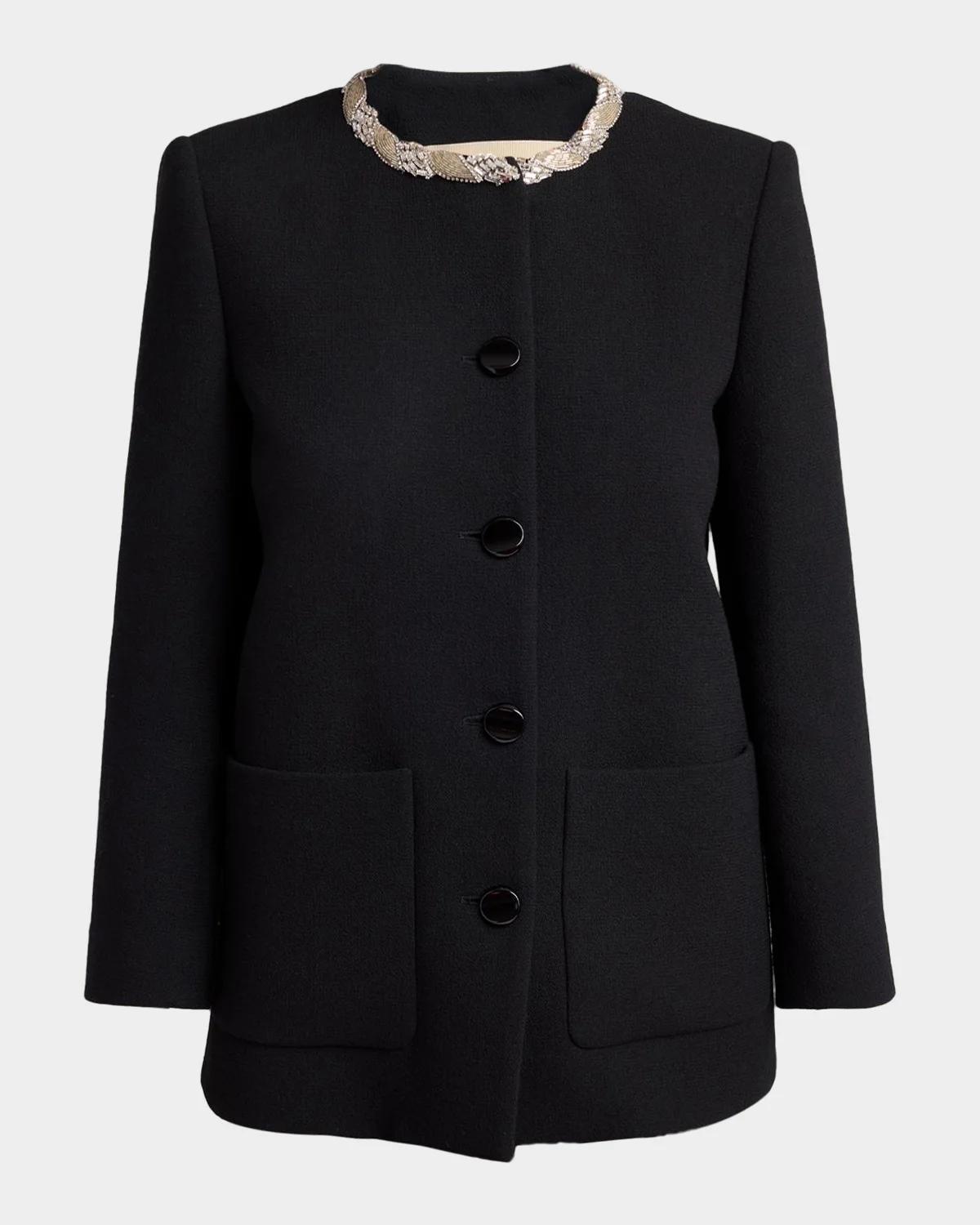 Crystal Embroidered Collarless Single-Breasted Coat