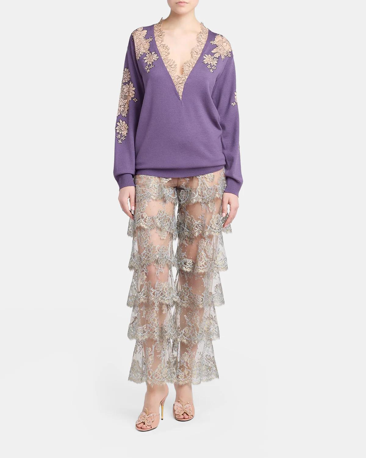 Lace-Inset Plunging Wool Sweater - thumbnail 2
