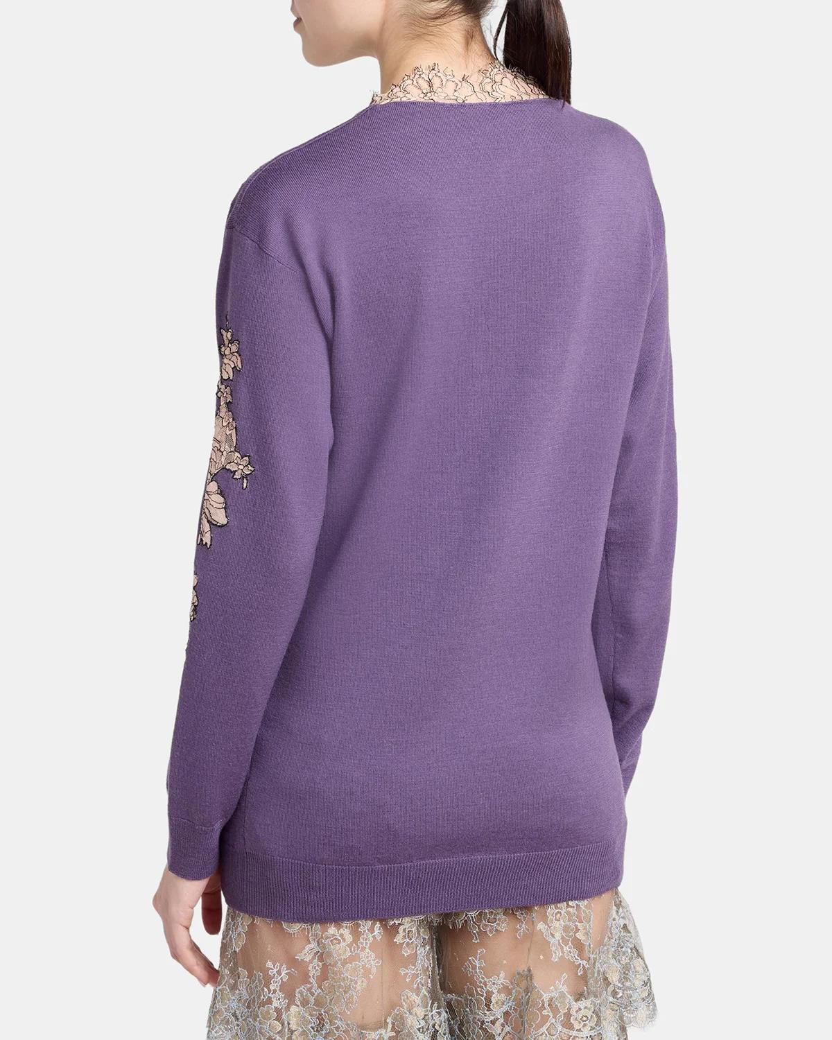 Lace-Inset Plunging Wool Sweater - thumbnail 3