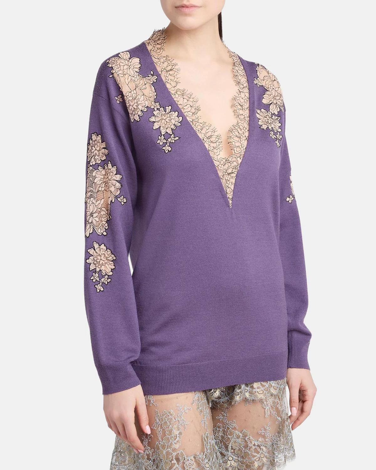 Lace-Inset Plunging Wool Sweater - thumbnail 4