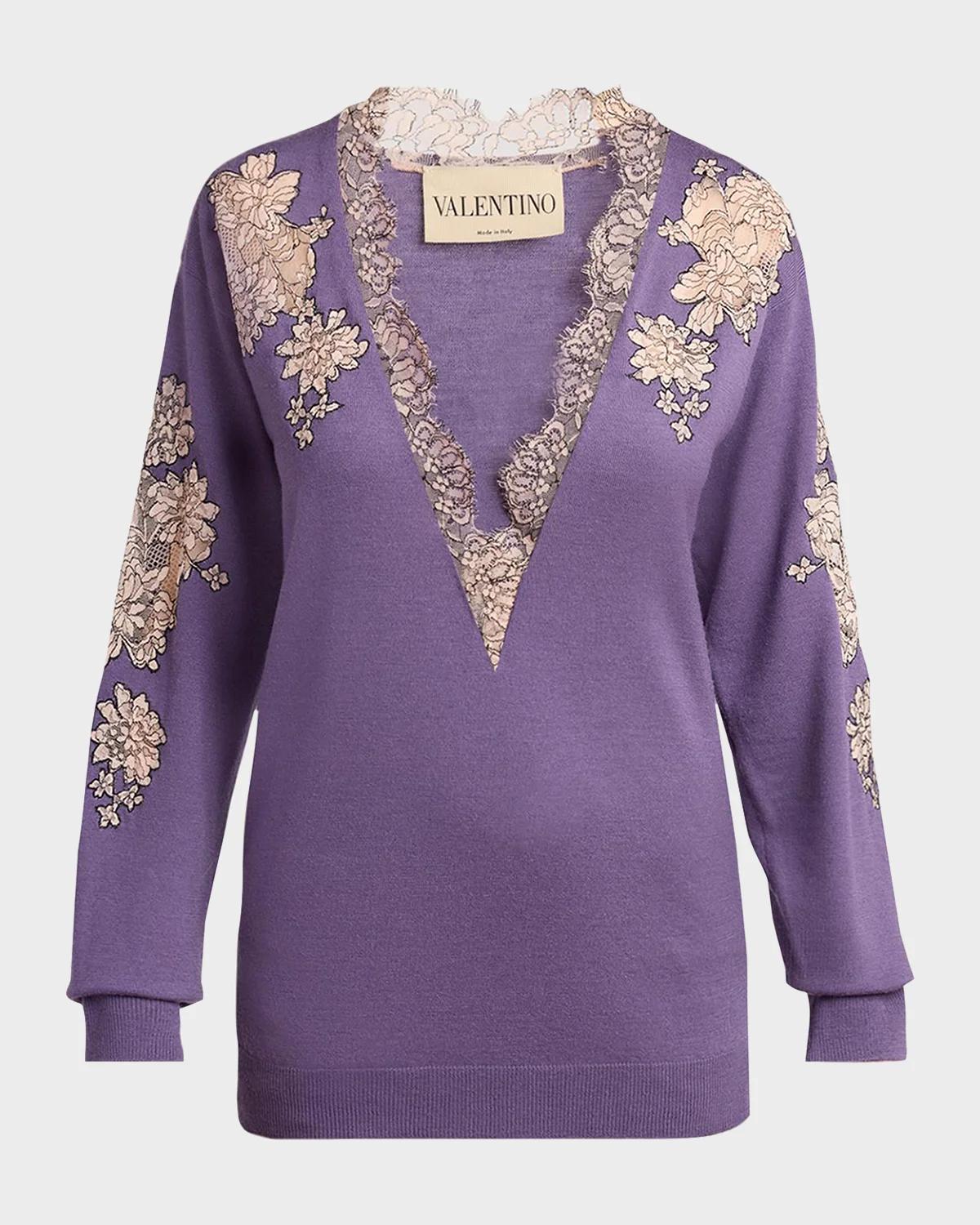 Lace-Inset Plunging Wool Sweater