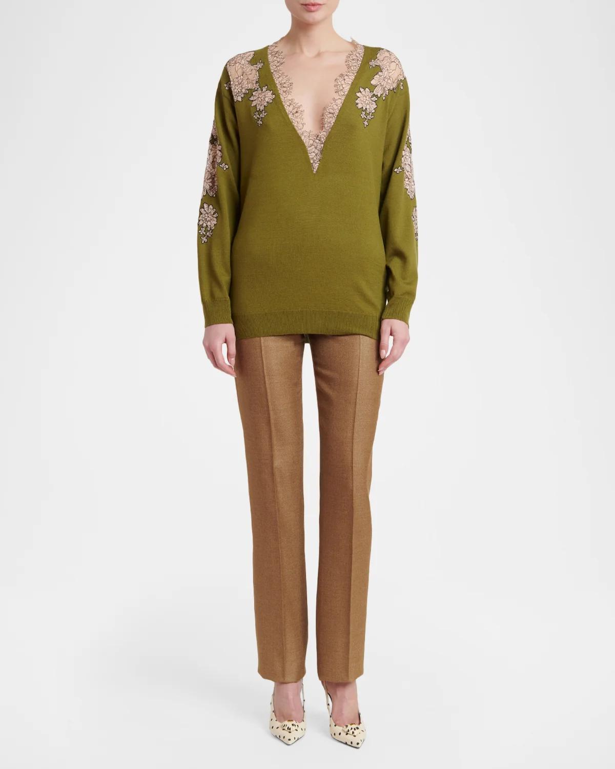 Lace-Inset Plunging Wool Sweater - thumbnail 7