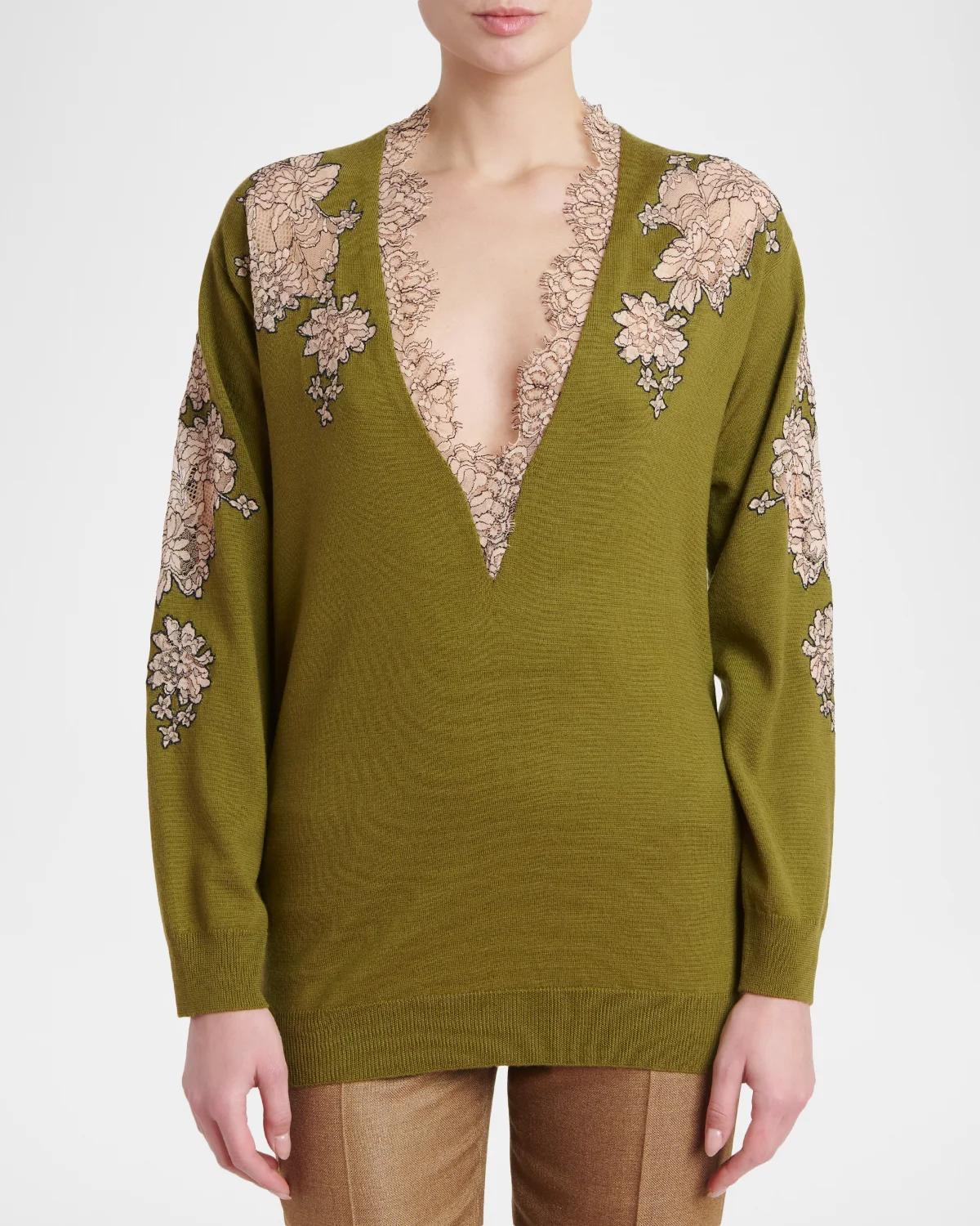 Lace-Inset Plunging Wool Sweater - thumbnail 9