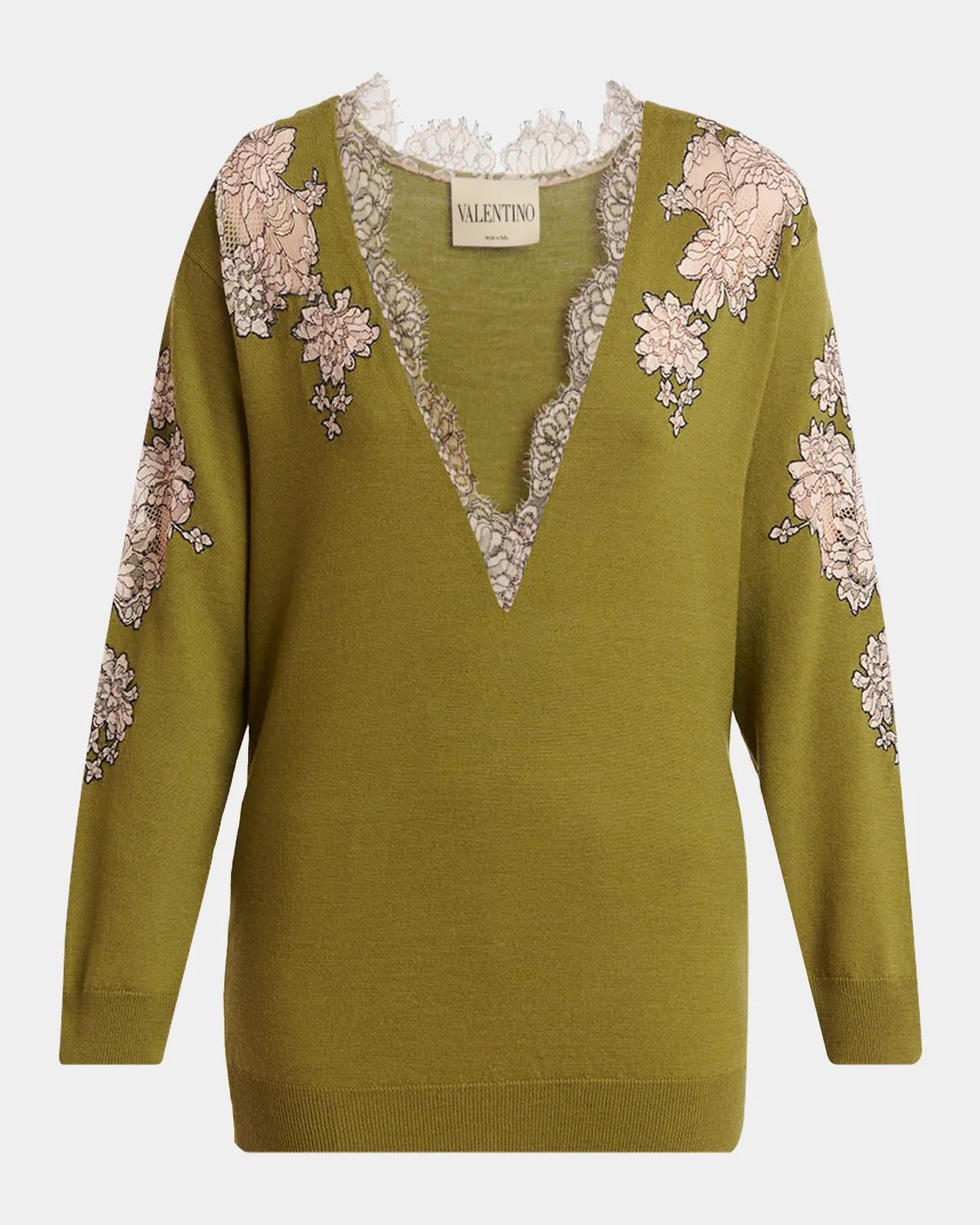 Lace-Inset Plunging Wool Sweater - thumbnail 6