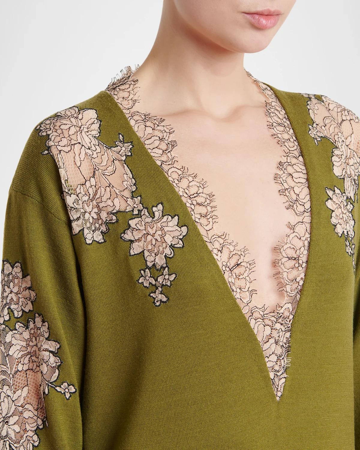 Lace-Inset Plunging Wool Sweater - thumbnail 10