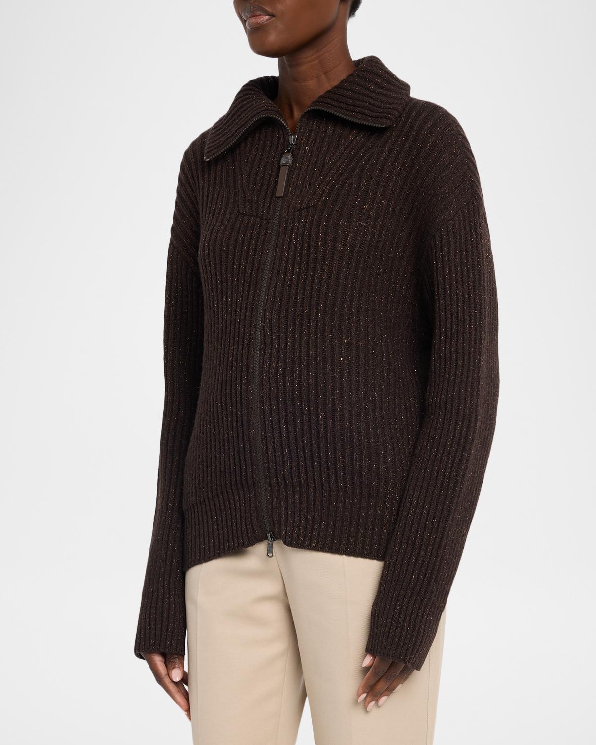 Shimmering Cashmere-Wool Rib Zip Cardigan - thumbnail 4