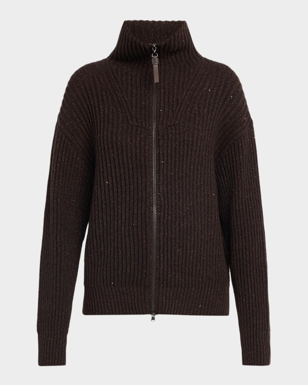 Shimmering Cashmere-Wool Rib Zip Cardigan