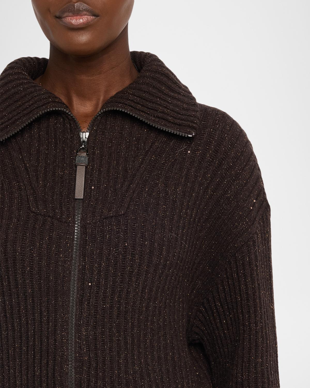 Shimmering Cashmere-Wool Rib Zip Cardigan - thumbnail 5