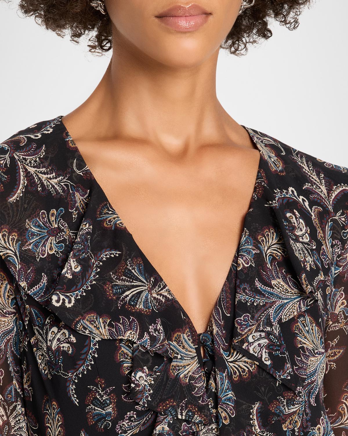 Adrienne Paisley Silk Ruffle Minidress - thumbnail 5