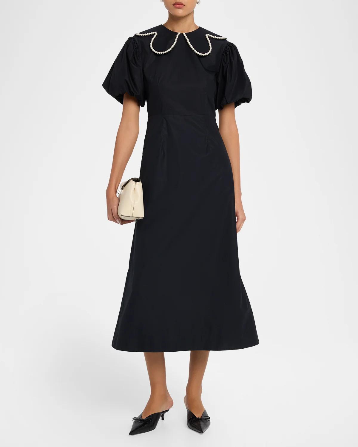Pearly-Beaded Collar Puff-Sleeve Midi Dress - thumbnail 2