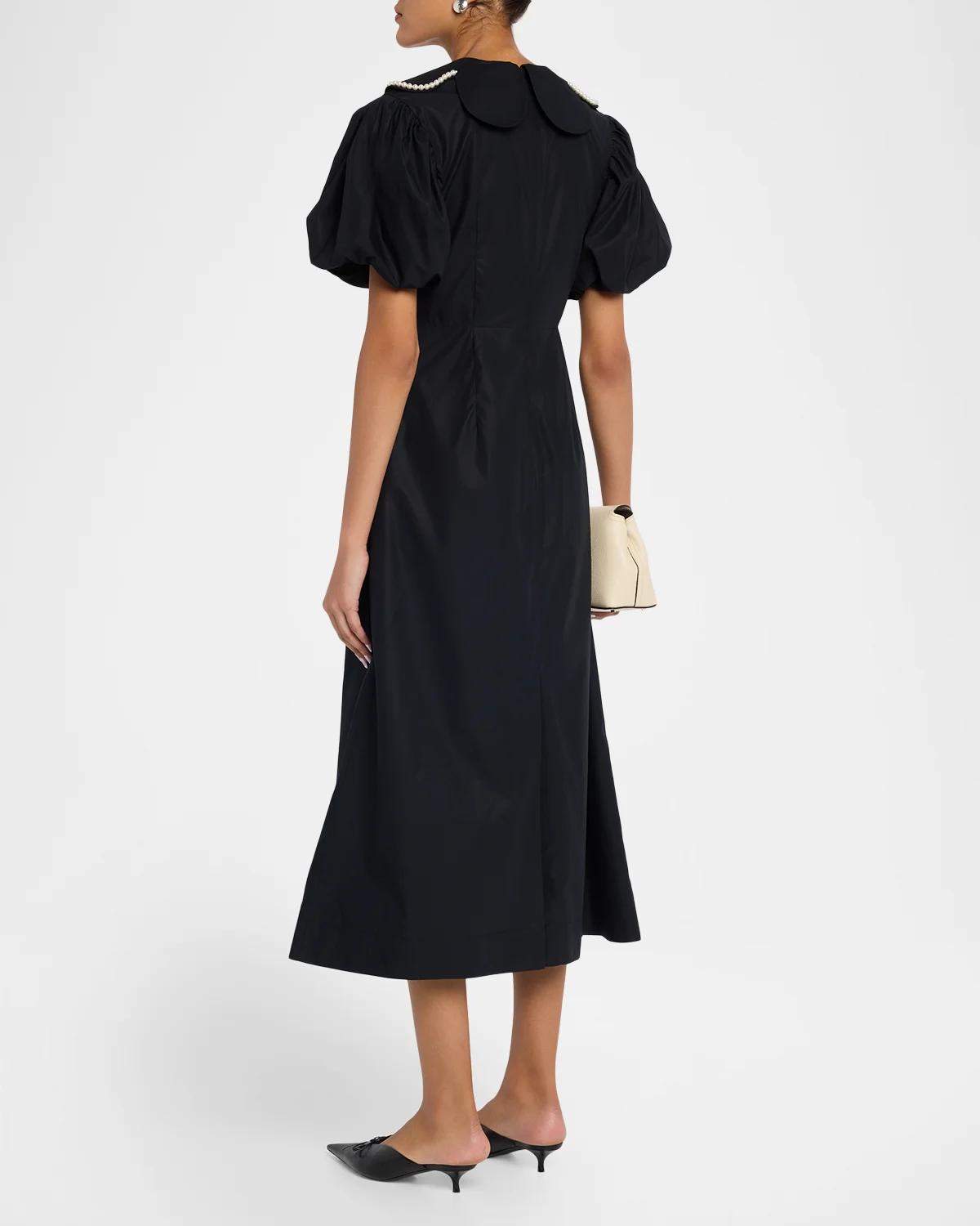 Pearly-Beaded Collar Puff-Sleeve Midi Dress - thumbnail 3