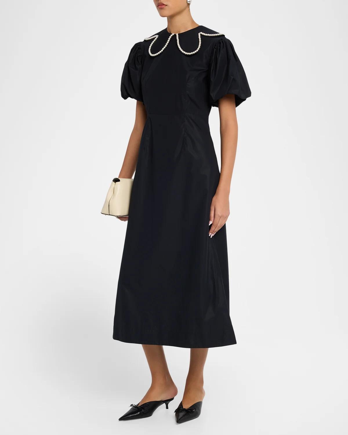 Pearly-Beaded Collar Puff-Sleeve Midi Dress - thumbnail 4