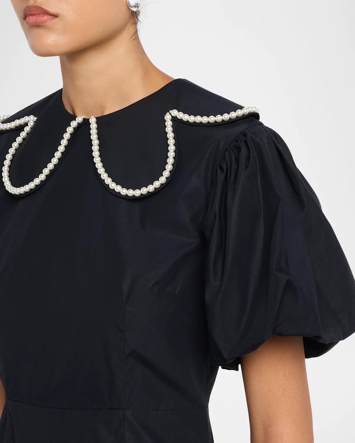 Pearly-Beaded Collar Puff-Sleeve Midi Dress - thumbnail 5