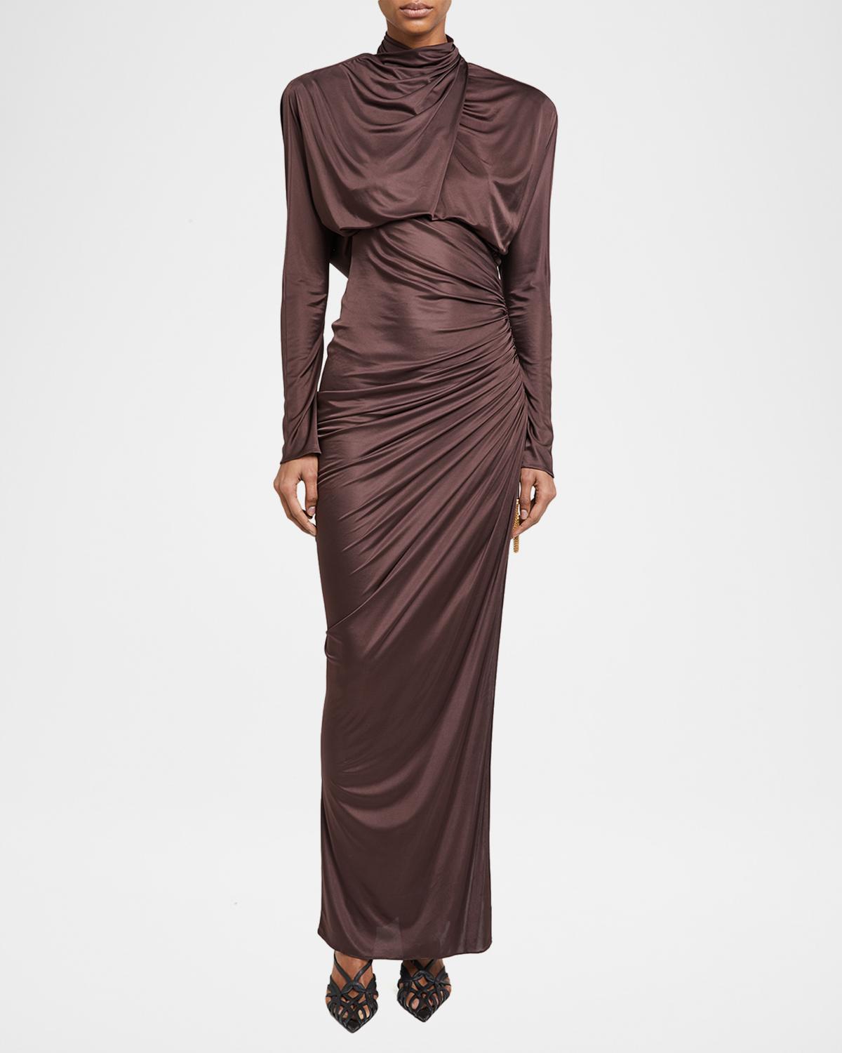Strong-Shoulder Jersey Ruched Slit Maxi Dress - thumbnail 2