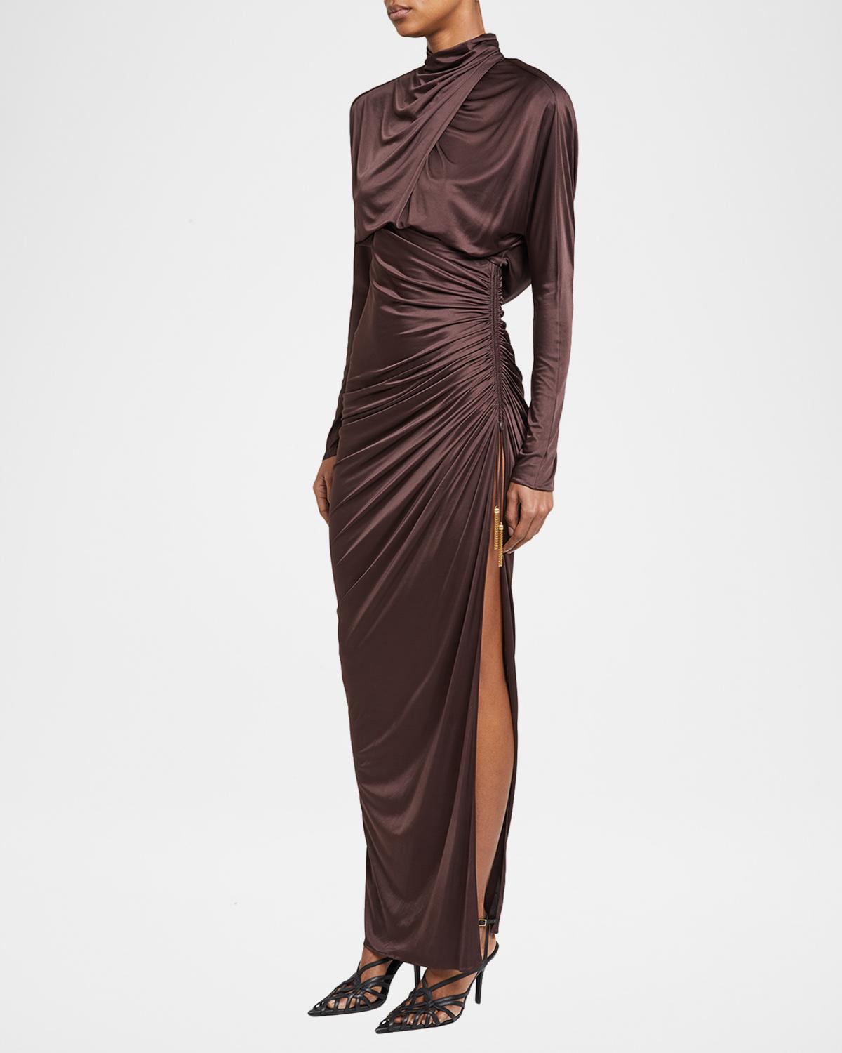 Strong-Shoulder Jersey Ruched Slit Maxi Dress - thumbnail 4