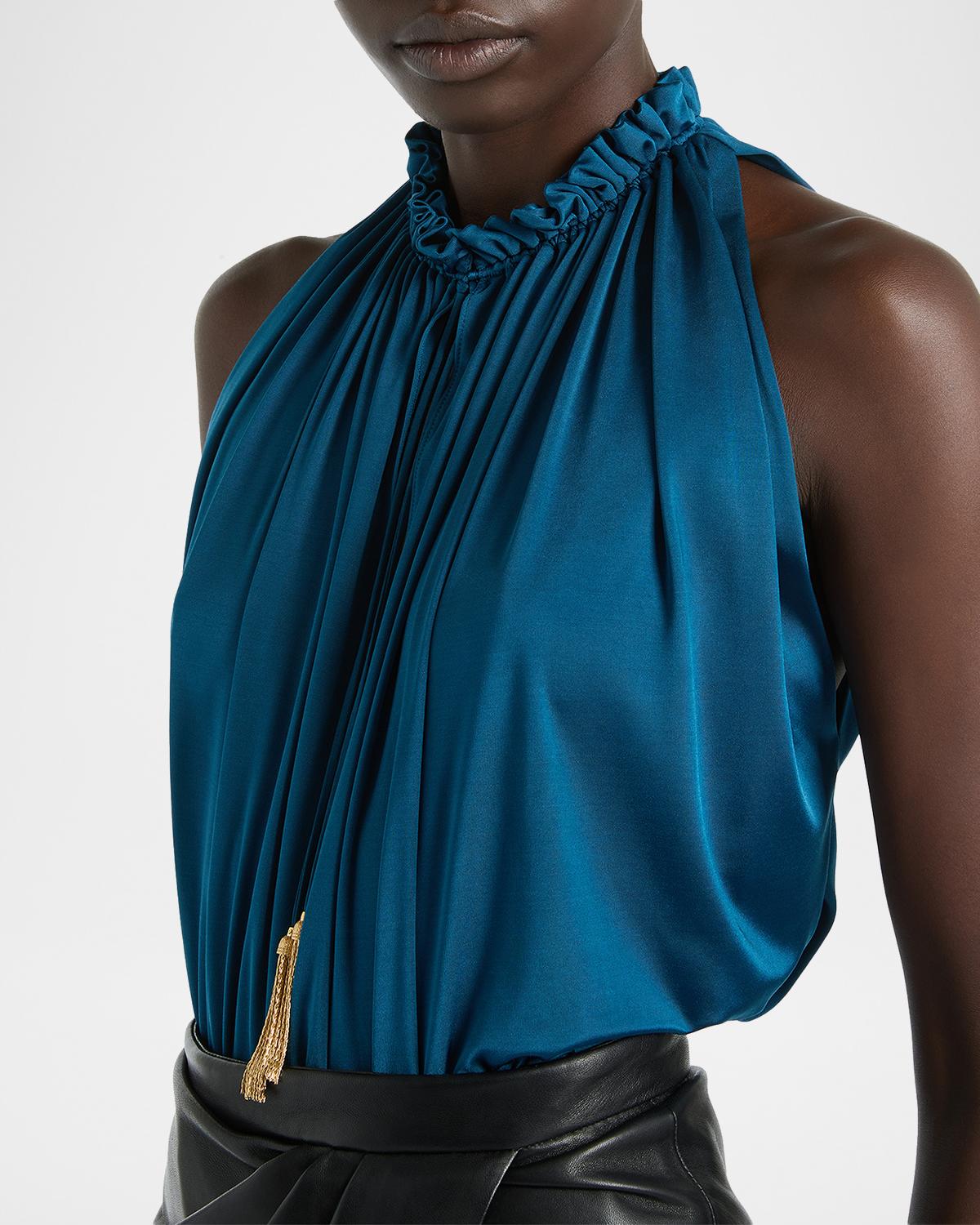 Sleeveless Tassel Gathered Jersey Halter Top - thumbnail 3