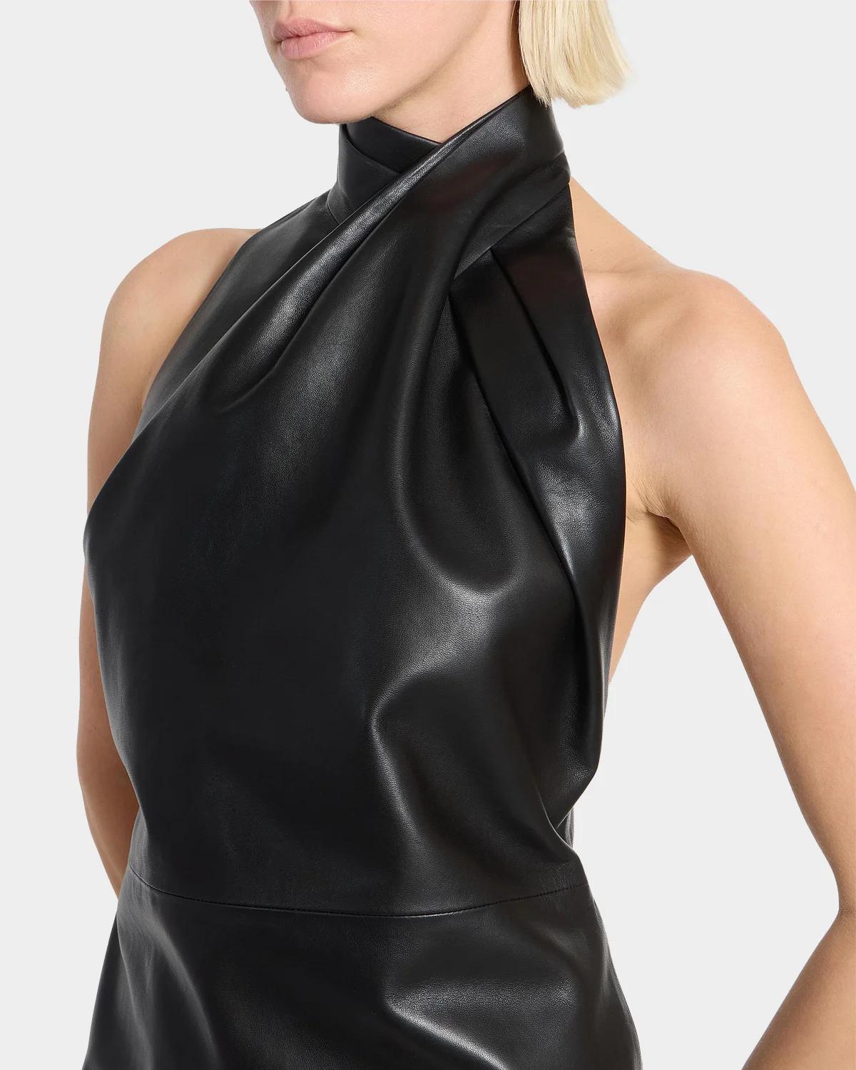 Halterneck Leather Draped Mini Dress - thumbnail 3
