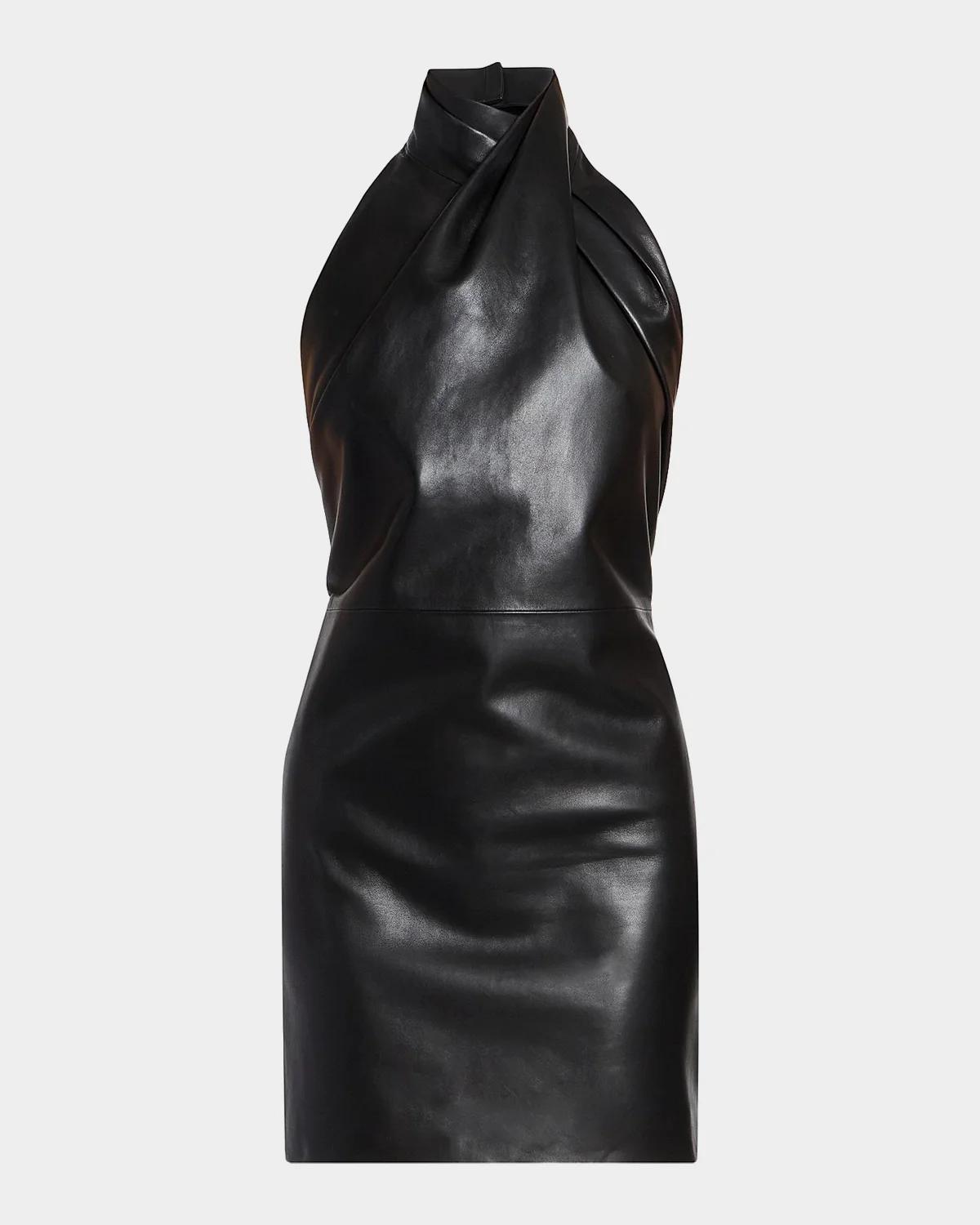 Halterneck Leather Draped Mini Dress