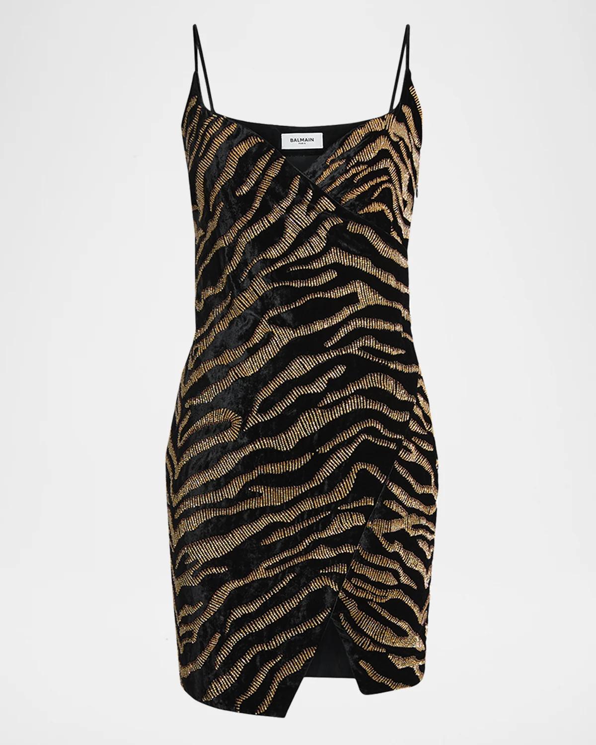 Sleeveless Tiger Embroidered Velvet Mini Wrap Dress