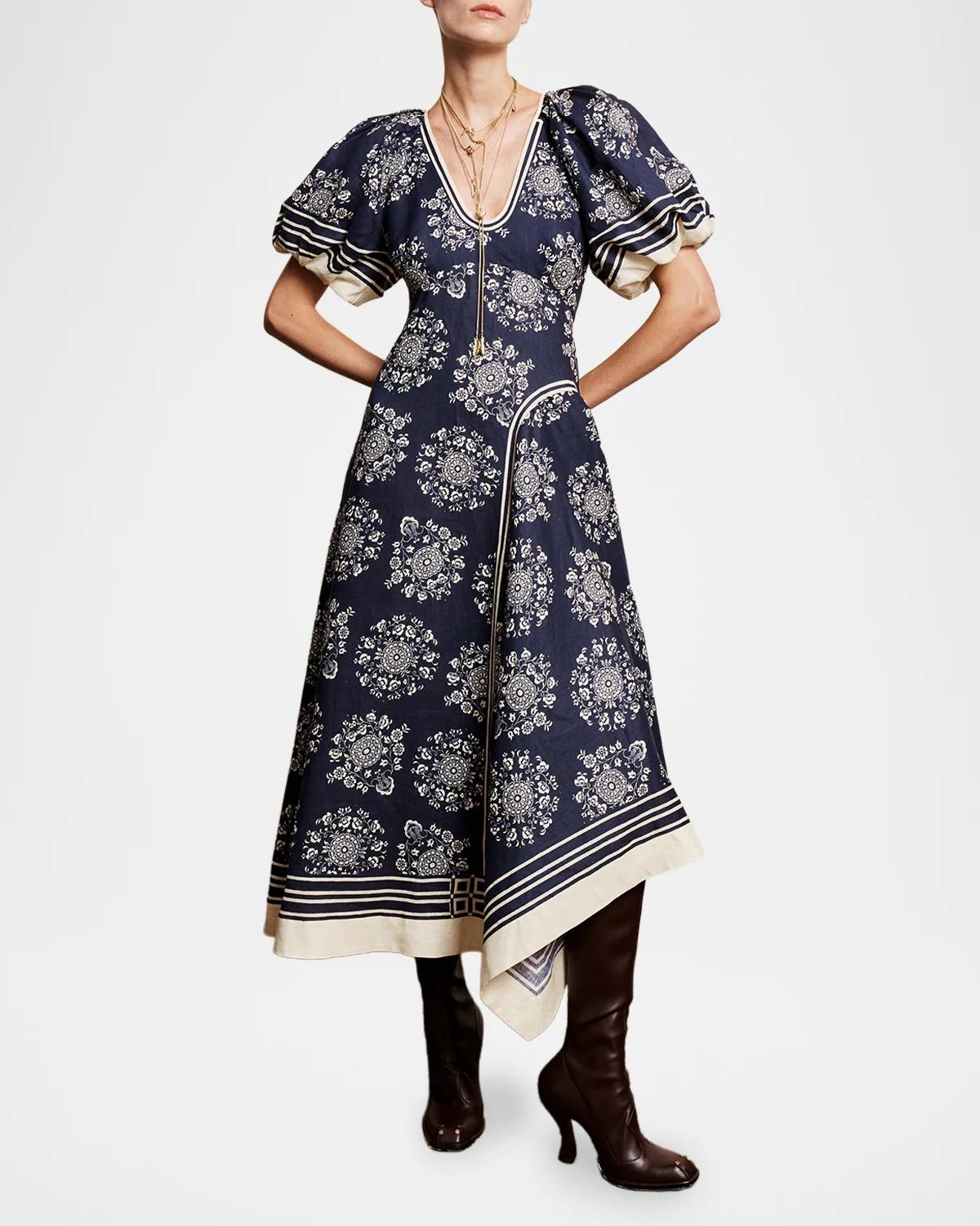 Banderra Asymmetric Puff-Sleeve Midi Dress - thumbnail 2