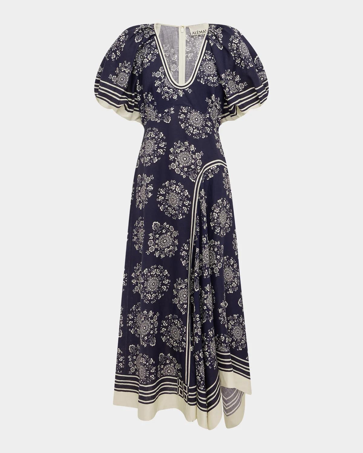 Banderra Asymmetric Puff-Sleeve Midi Dress
