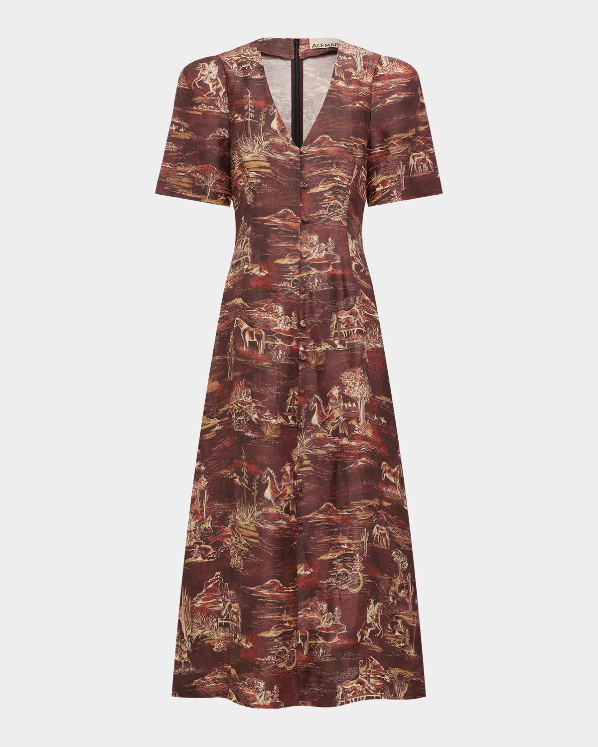 Ezra Western Toile Button-Front Midi Dress