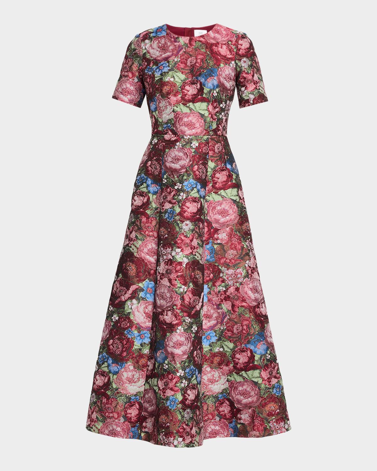 Evangeline Floral Jacquard Short-Sleeve Tea-Length Dress