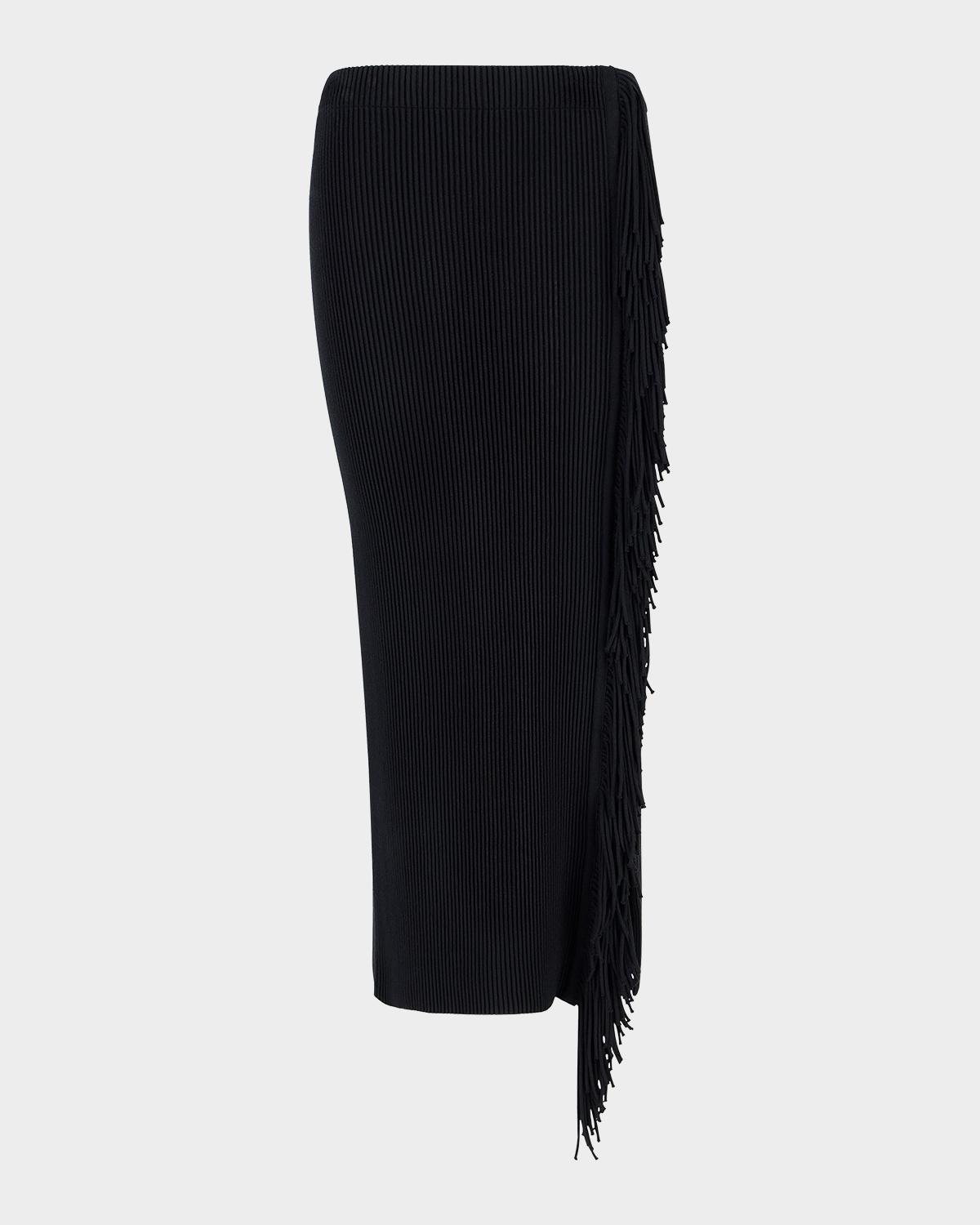 Fringe-Trim Ottoman Ribbed Knit Midi Skirt