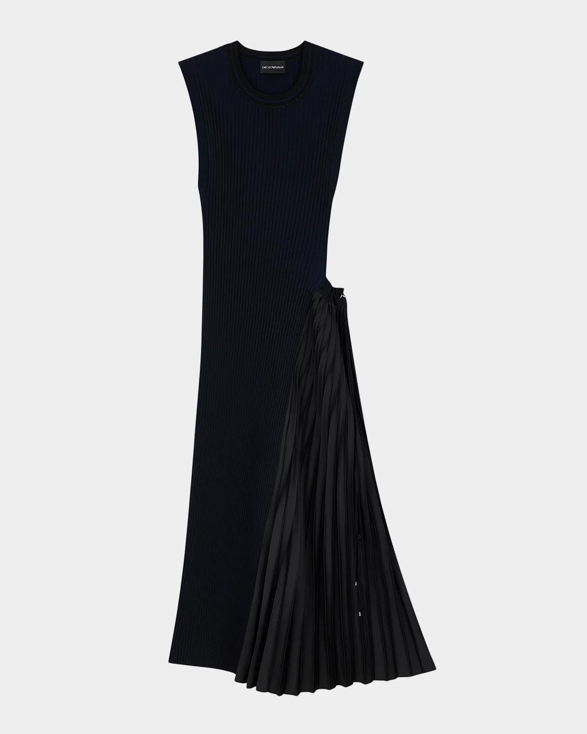 Pleated-Inset Rib Knit Midi Dress