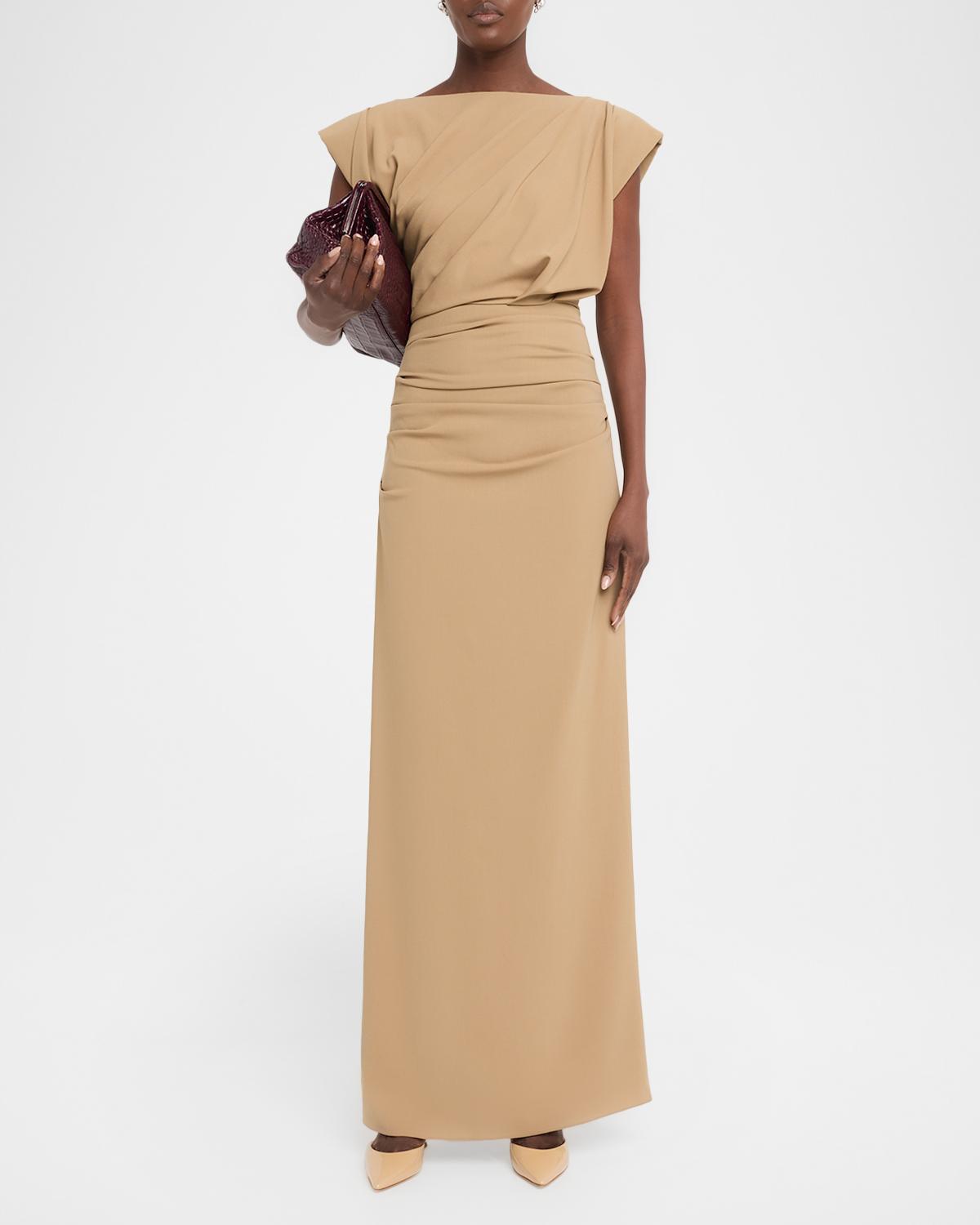 Draped Cap-Sleeve Wool Column Gown - thumbnail 2