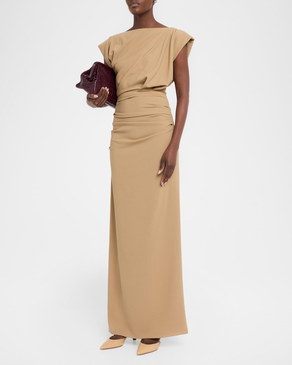 Draped Cap-Sleeve Wool Column Gown - thumbnail 4