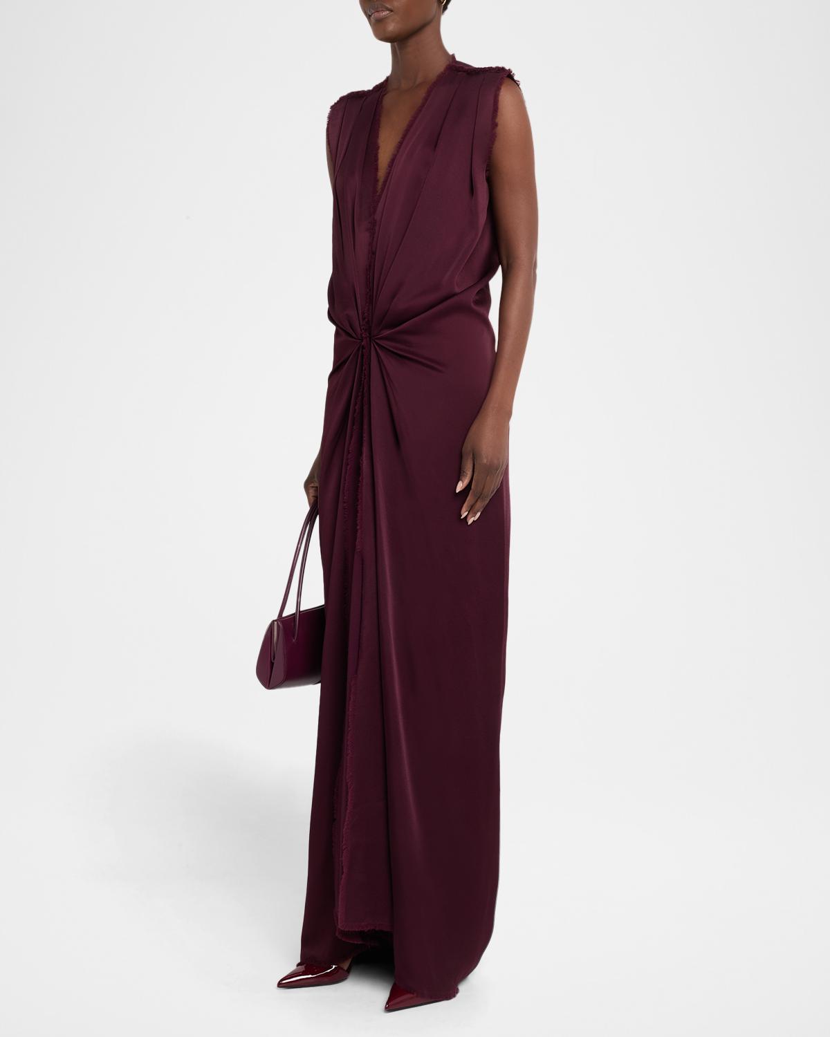 Plunging Draped Satin Column Maxi Dress - thumbnail 4