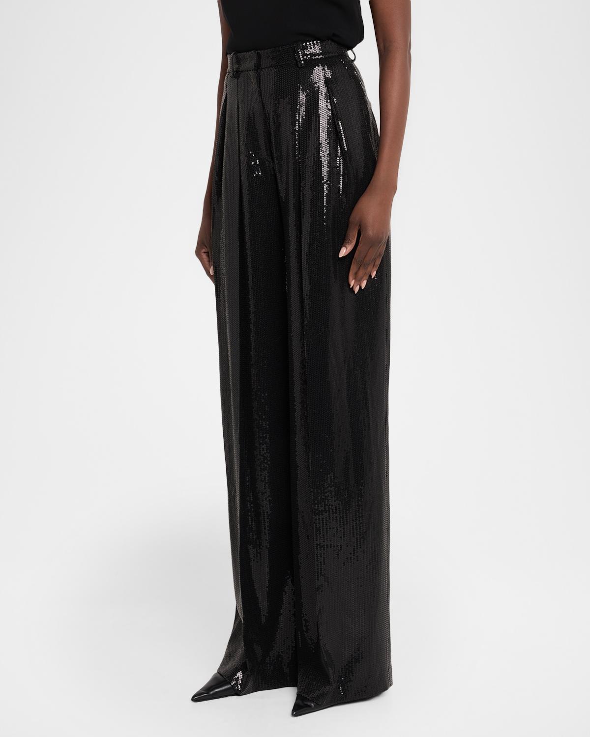 High-Rise Pleated Sequined Wide-Leg Trousers - thumbnail 4