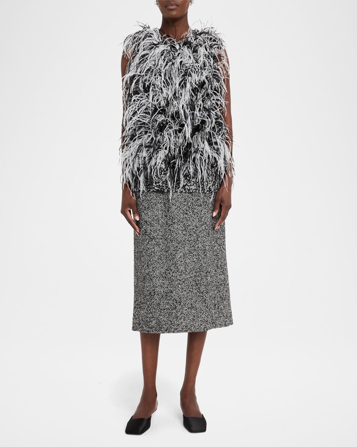 Sleeveless Feather-Trim Wool Tweed Knit Sweater - thumbnail 2