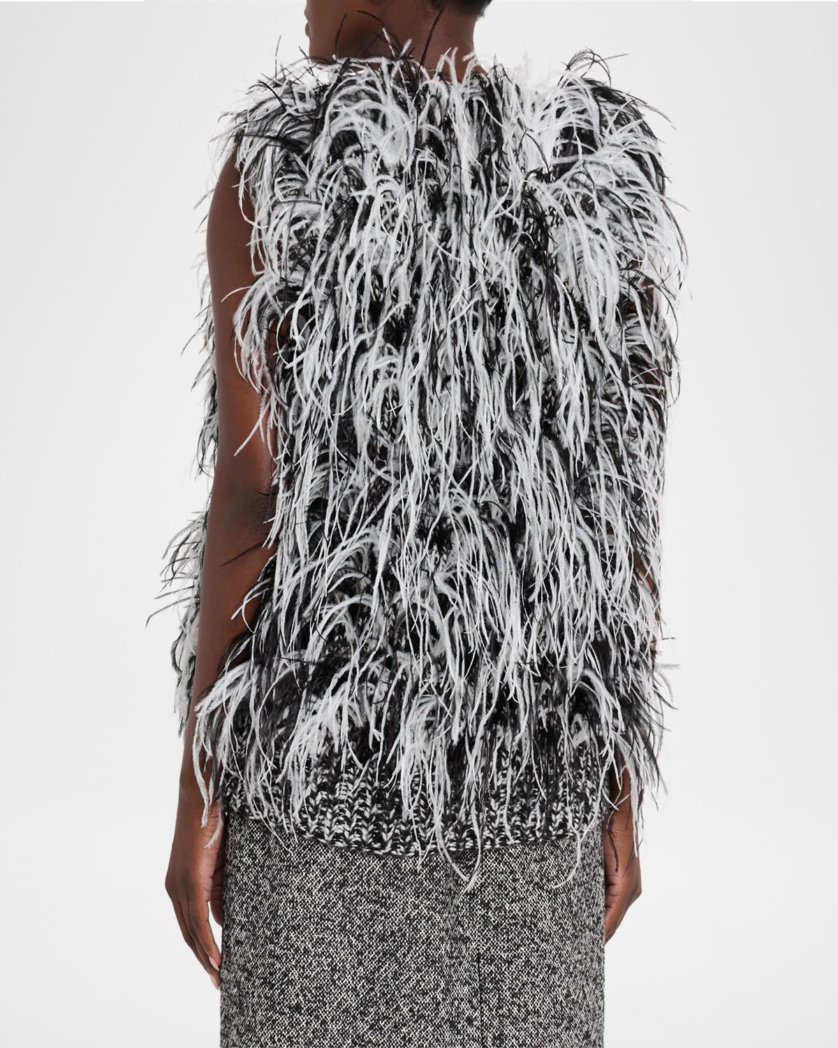 Sleeveless Feather-Trim Wool Tweed Knit Sweater - thumbnail 3