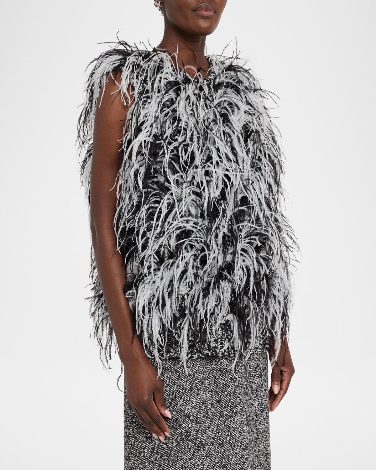 Sleeveless Feather-Trim Wool Tweed Knit Sweater - thumbnail 4