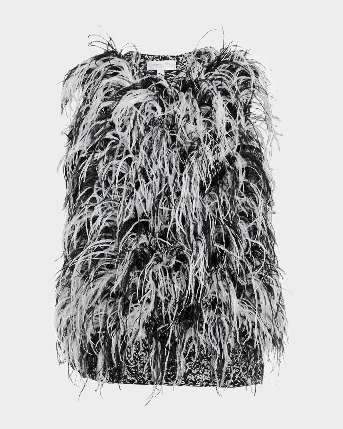 Sleeveless Feather-Trim Wool Tweed Knit Sweater