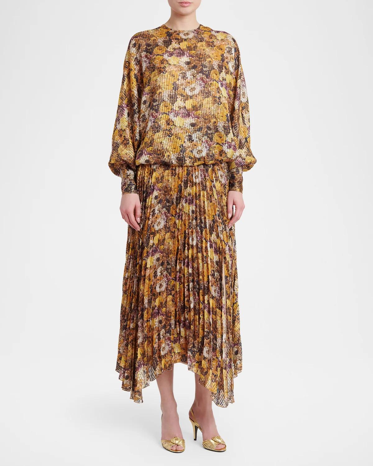 Metallic Floral Silk Long-Sleeve Balloon Top - thumbnail 2