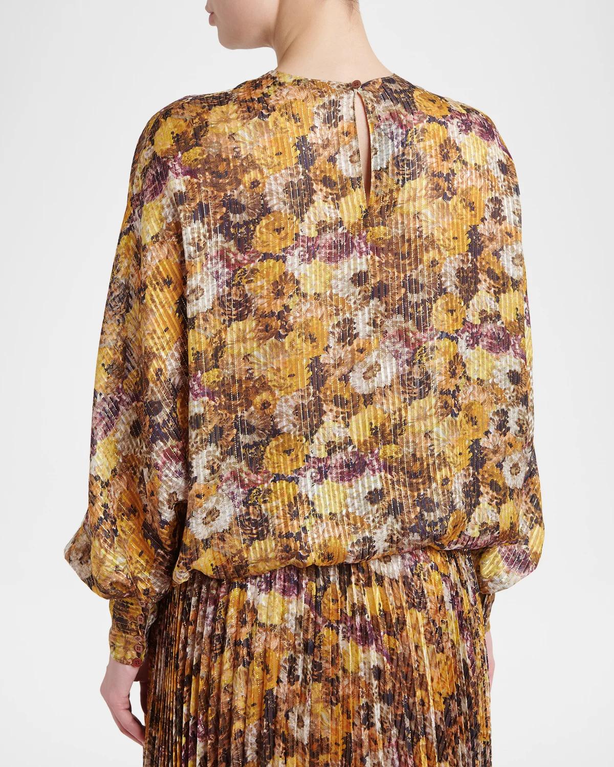 Metallic Floral Silk Long-Sleeve Balloon Top - thumbnail 3