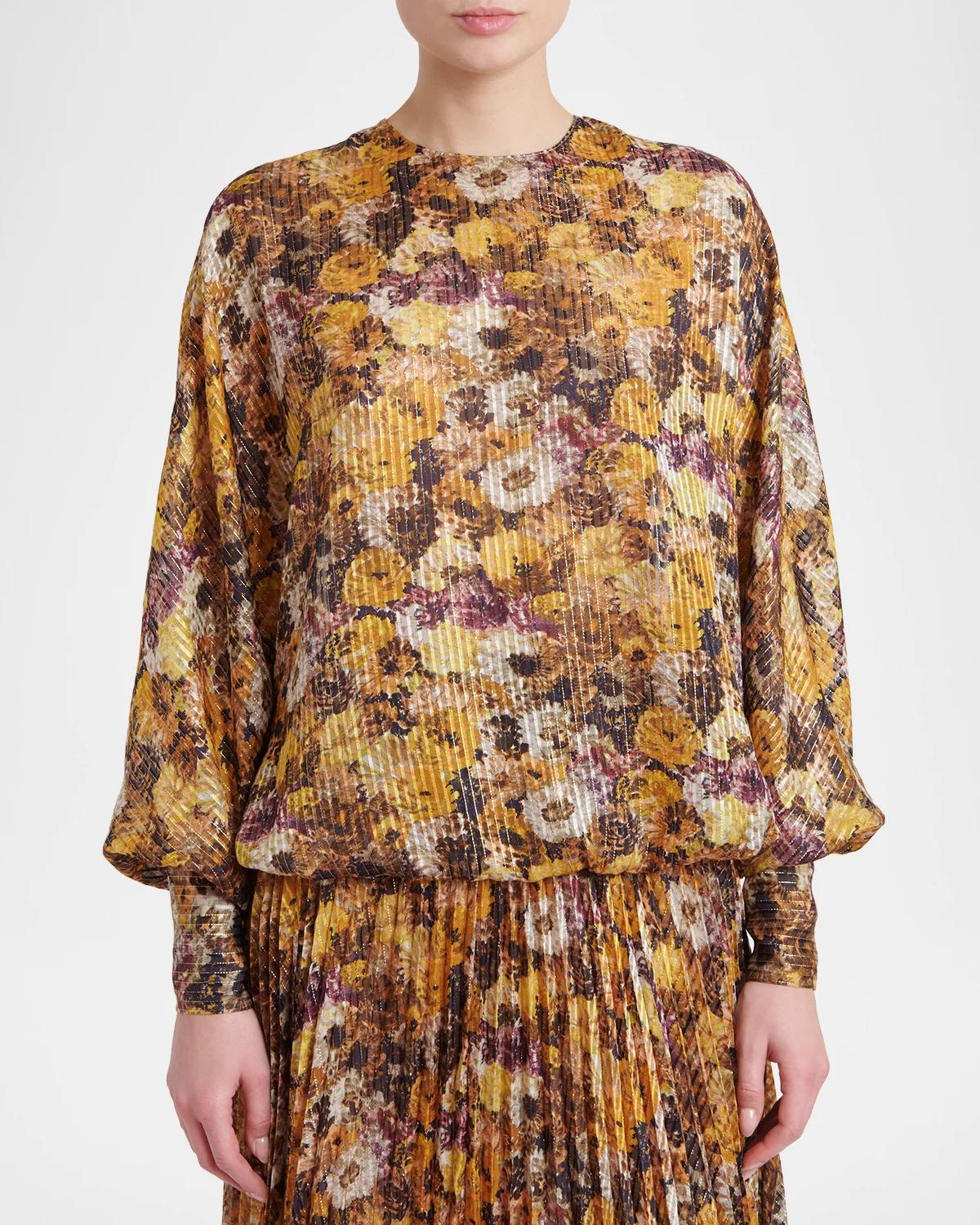 Metallic Floral Silk Long-Sleeve Balloon Top - thumbnail 4