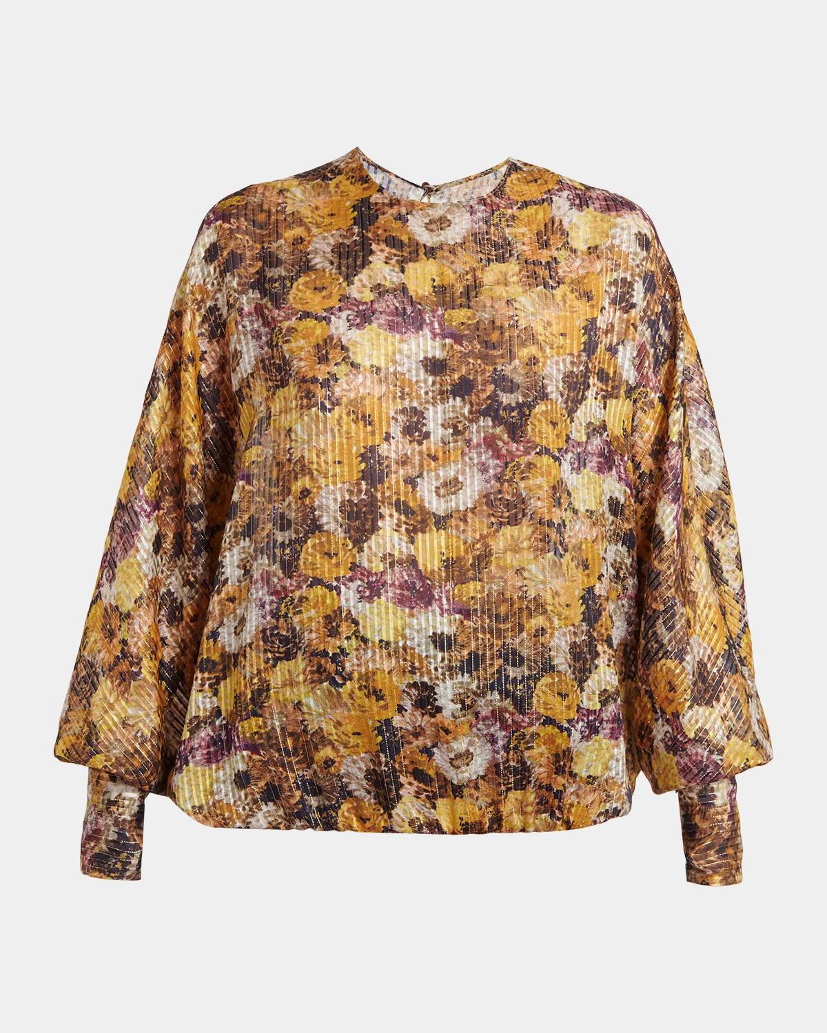Metallic Floral Silk Long-Sleeve Balloon Top