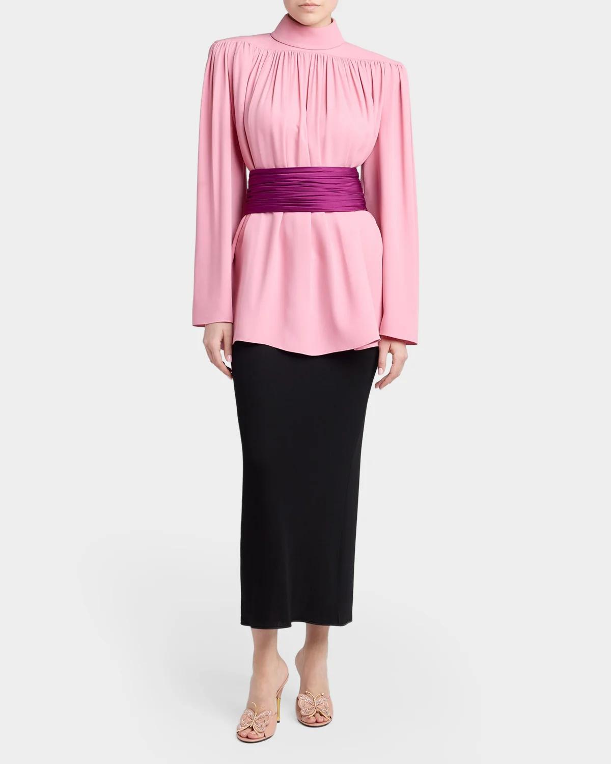 Turtleneck Gathered Silk Long-Sleeve Top - thumbnail 2